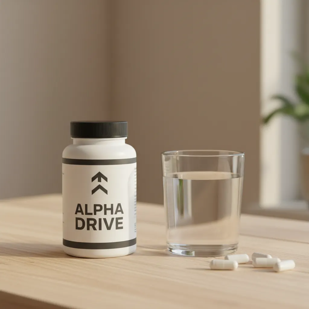 Alpha Drive bottle on a wooden surface beside a glass of water and capsules