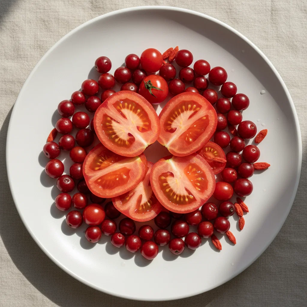 Halved ripe red tomatoes on a white ceramic surface