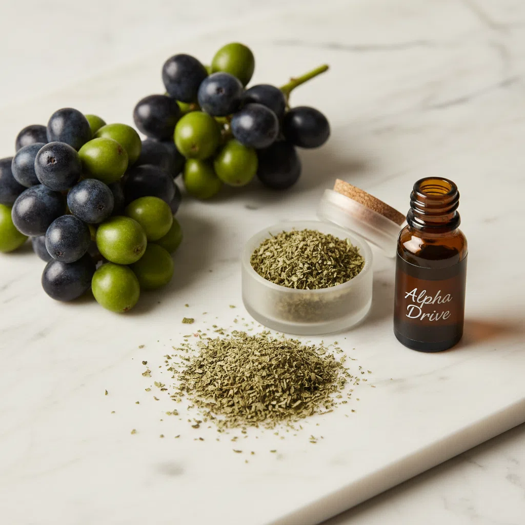 Fresh saw palmetto berries and dried herb on white marble
