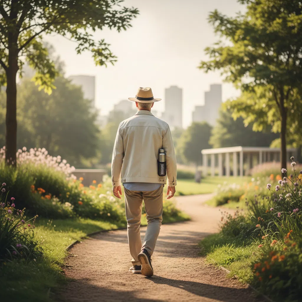 Man walking in an urban park on a bright morning